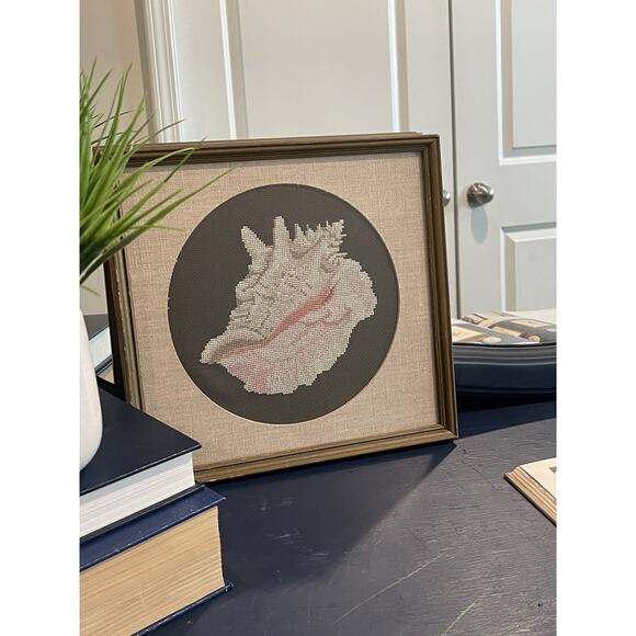 Conch Seashell Cross Stitch Framed Artwork Brown and Cream Wood Framed Beach - Picture 1 of 7